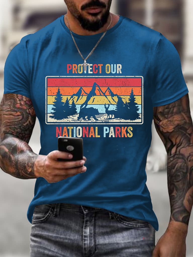 Men'S Retro Protect Our National Parks Printed Casual Crew Neck T-Shirt