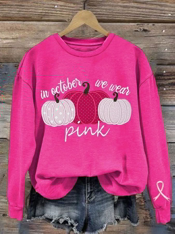Women's Breast Cancer In October We Wear Pink Print Crew Neck Sweatshirt