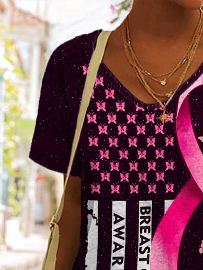 Breast Cancer Awareness Casual Butterfly Print T-Shirt