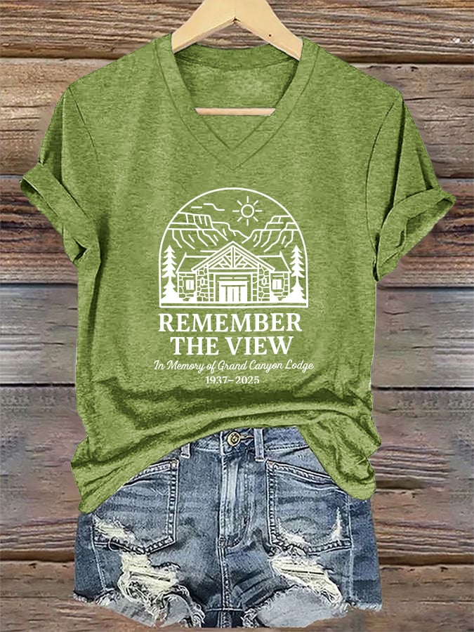 V-Neck Retro Remember The View In Memory Of Grand Canyon Lodge 1937-2025 Print T-Shirt