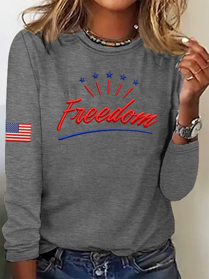 Women's Casual Freedom Flag Contrast Color Cotton Long-Sleeved T-Shirt