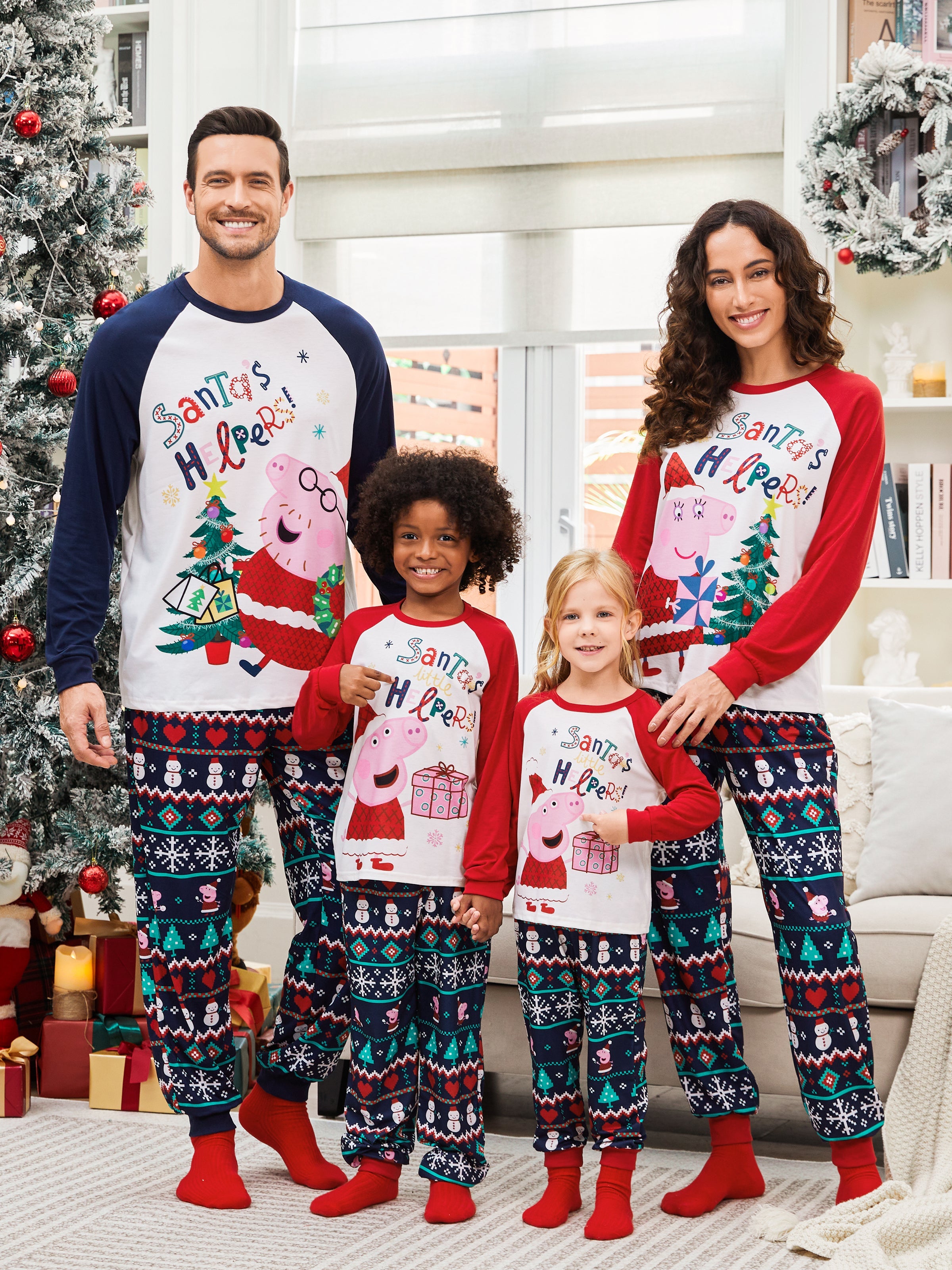 Peppa Pig Family matching Christmas Print Colorblock Pajamas Sets with Christmas Socks