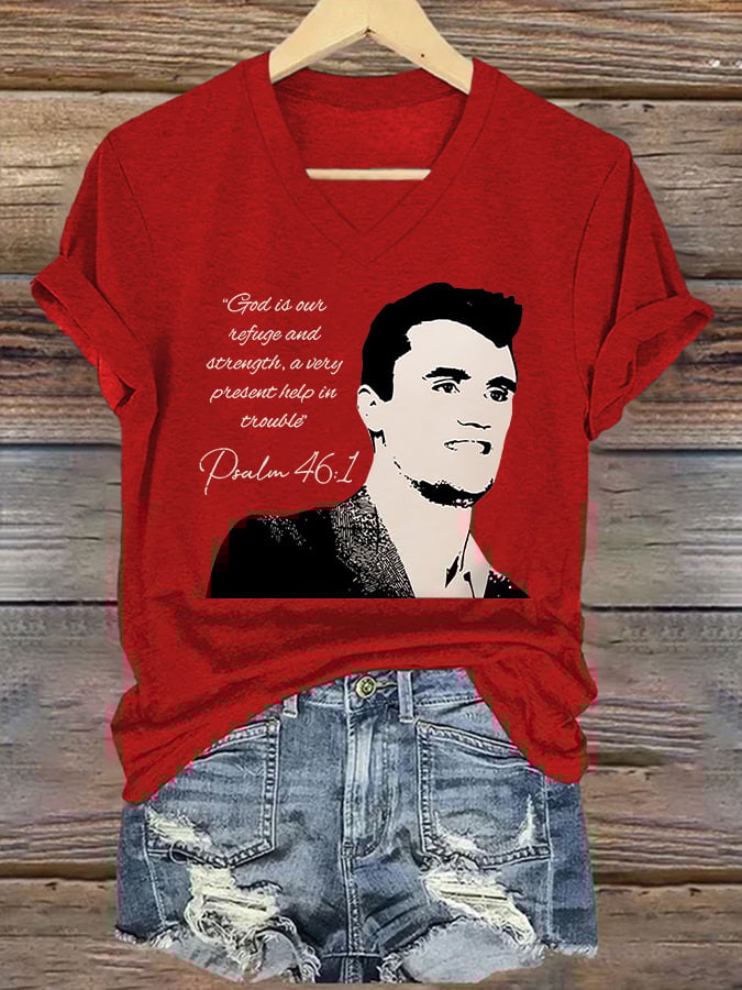 V-Neck Retro God Is Our Refuge And Strength, A Very Present Help In Trouble Psalm 46:1 Print T-Shirt