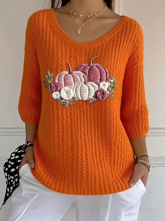 Women's Casual Autumn Pink Pumpkin Knitted Bottoming Shirt