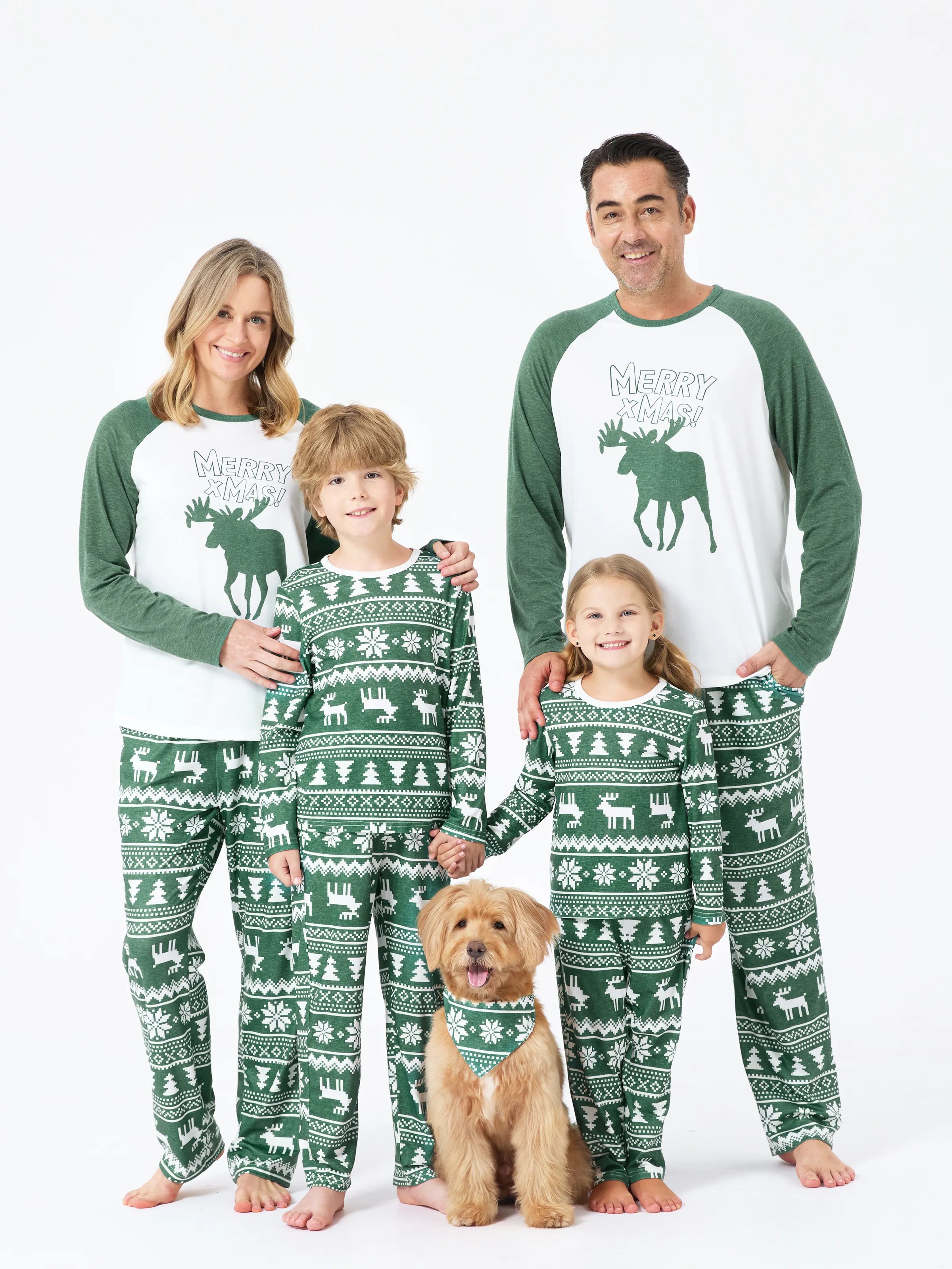 Christmas Matching Family Pajamas Set Reindeer and Snowflake Green Print PJS with Christmas Socks Dark Green