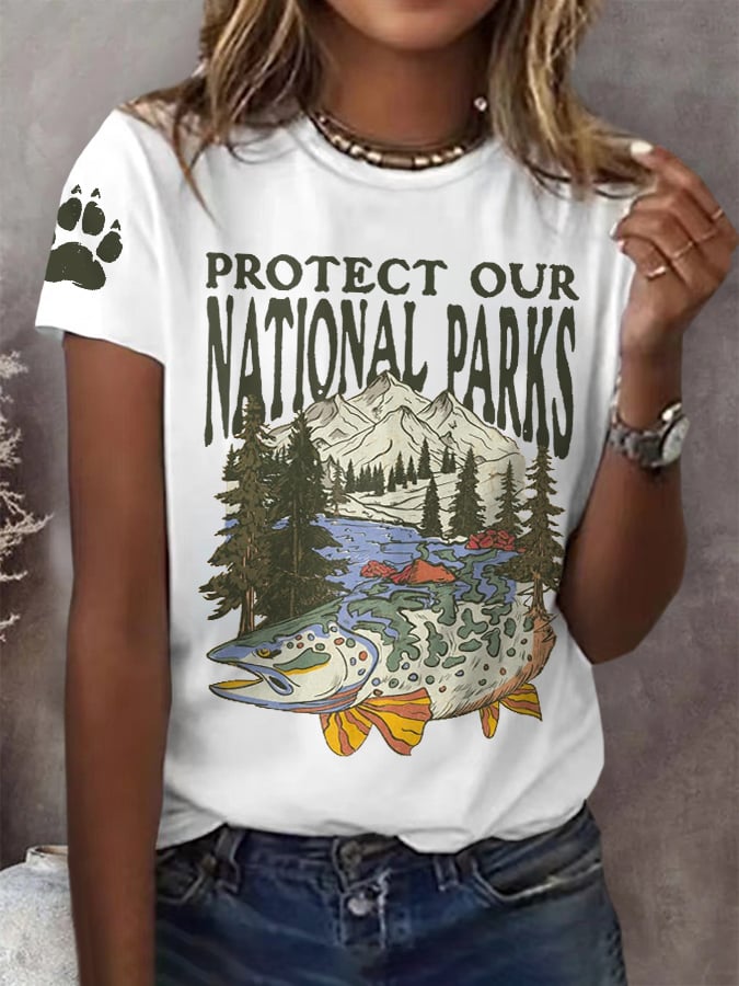 Women's Protect Our National Parks Print Round Neck T-Shirt