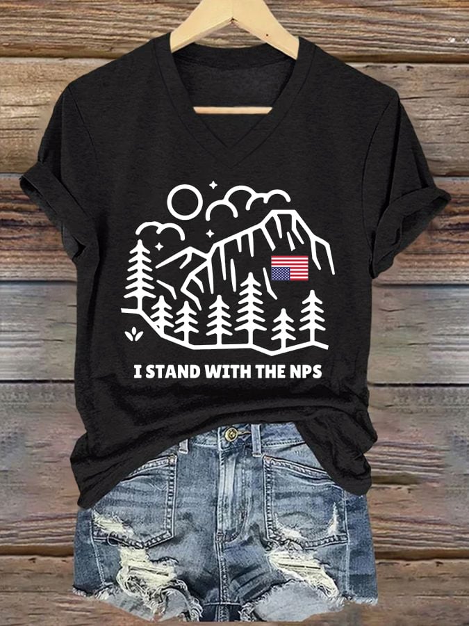 V-neck Retro I Stand With The NPS National Park Support Print T-Shirt