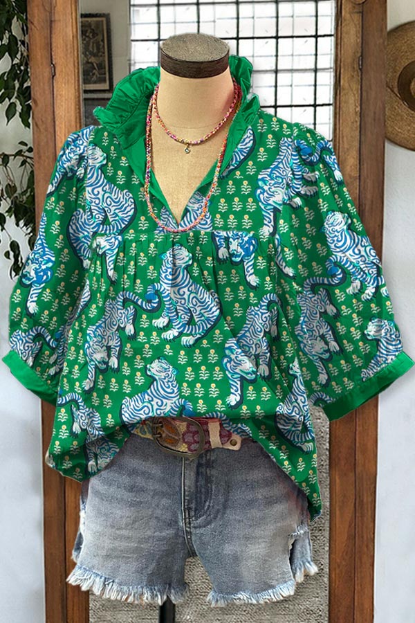 Tiger Floral Print Puff Sleeve Blouse