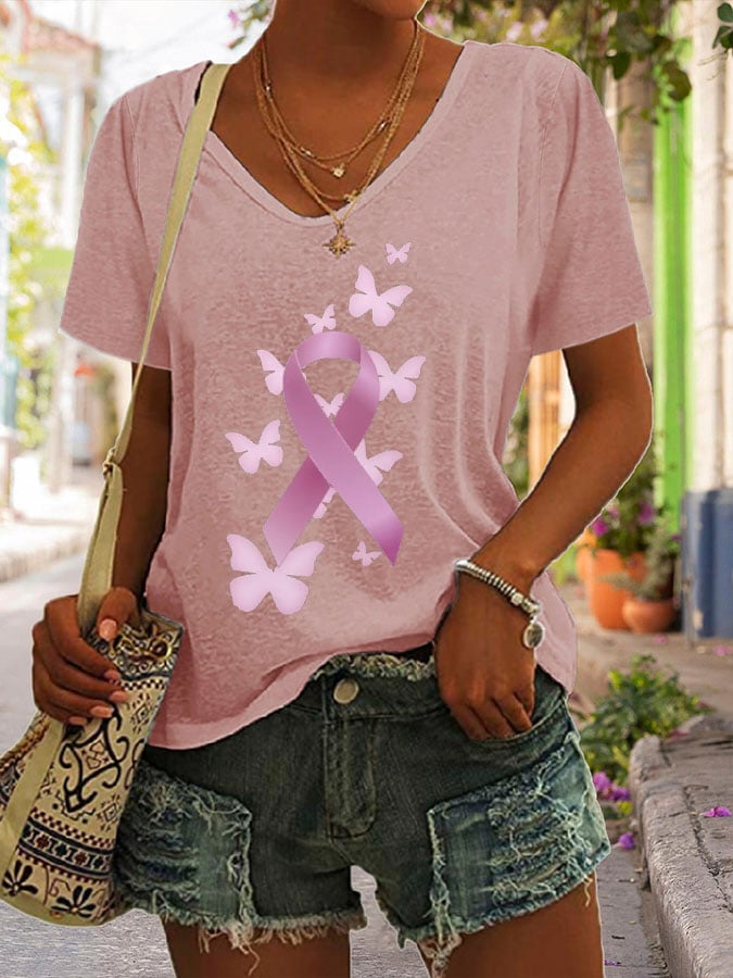 Women's Butterfly Breast Cancer Print Loose Short Sleeve T-Shirt
