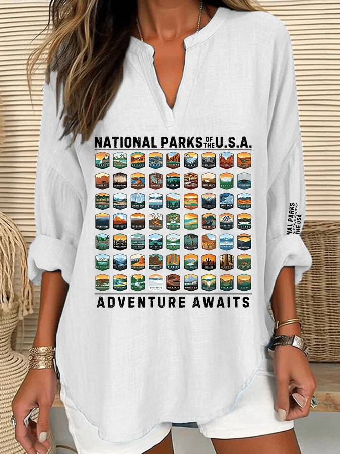 Women's National Parks Of The USA Print Casual Long Sleeve V-Neck Shirt