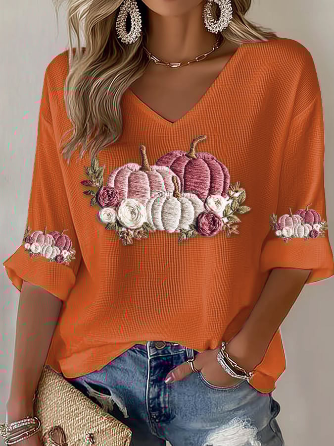 Women's Casual Pink Pumpkin Waffle T-Shirt