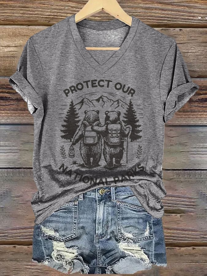 V-neck Retro Protect Our National Parks Print T-Shirt
