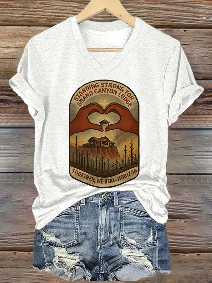 Women's Standing Strong For Grand Canyon Lodge Print V Neck T-shirt