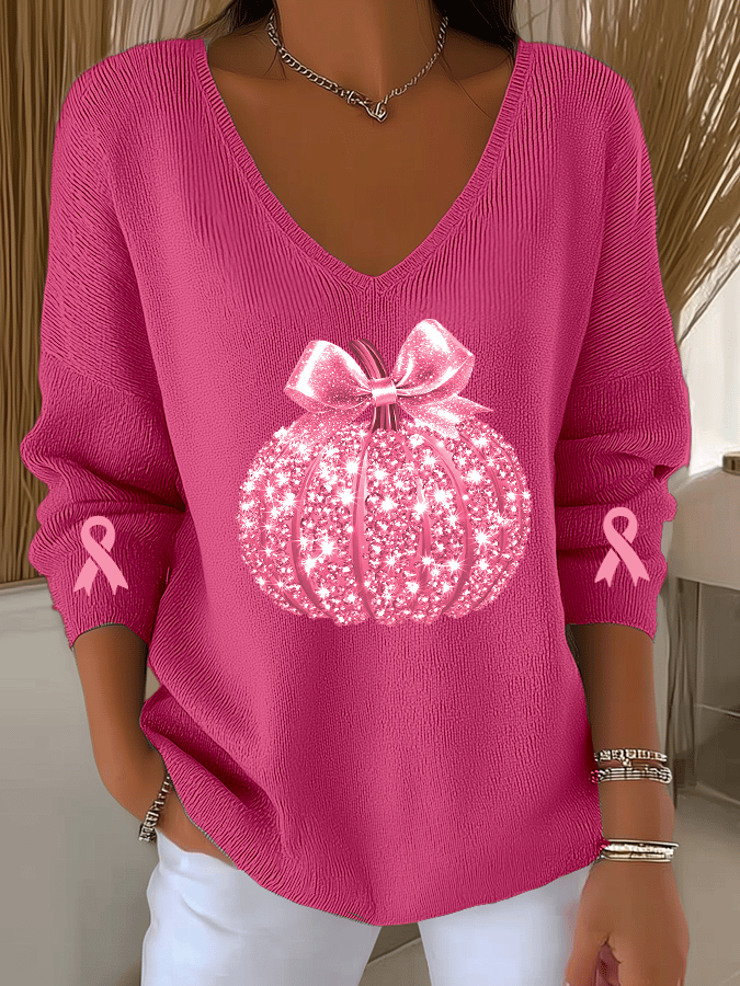 Women's Breast Cancer Sequin Pumpkin Print Casual Striped Fabric Long Sleeve T-Shirt