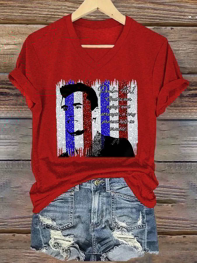 V-Neck Retro God Is Our Refuge And Strength, A Very Present Help In Trouble Print T-Shirt