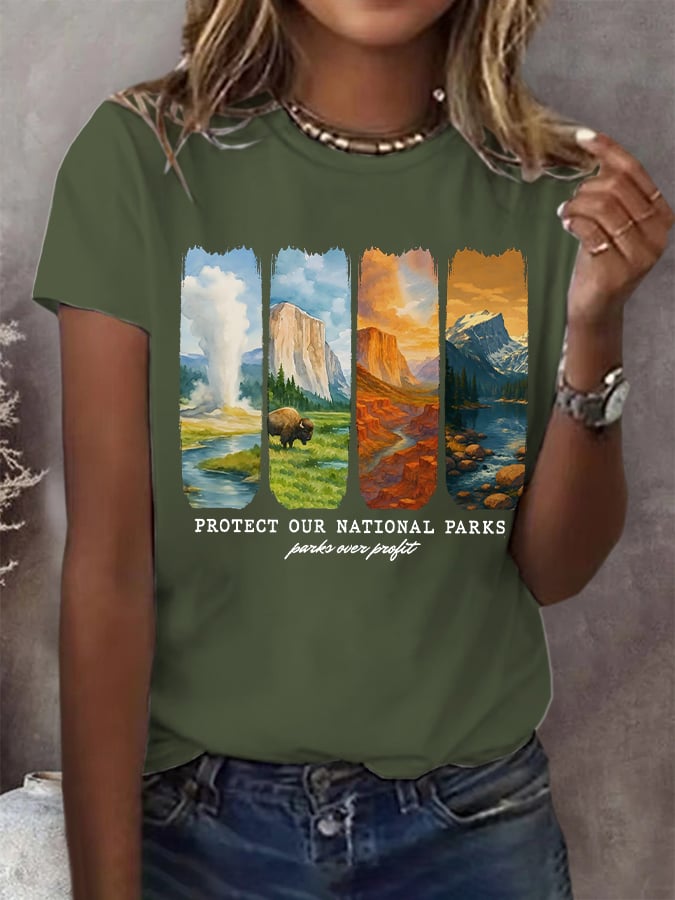 Women's Protect Our National Parks Print Round Neck T-Shirt