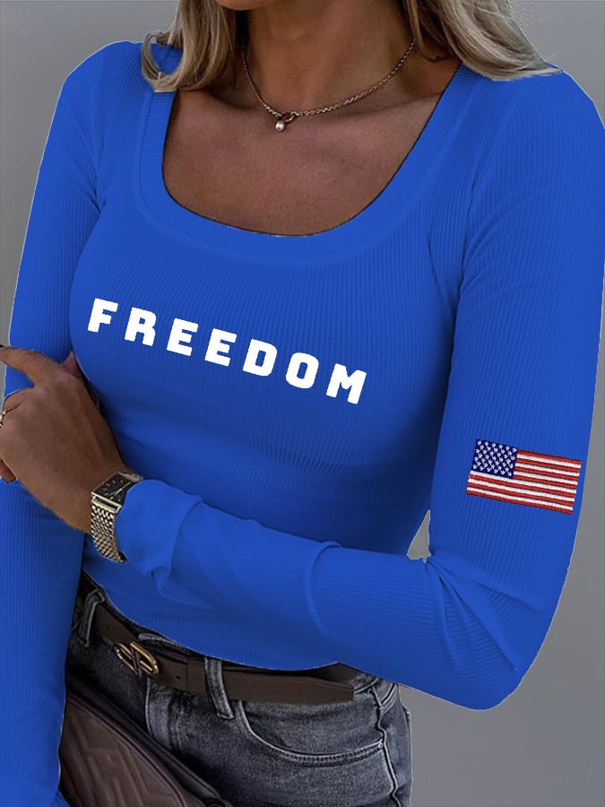 Women's Freedom American Flag Print Fabric Long Sleeve T-Shirt