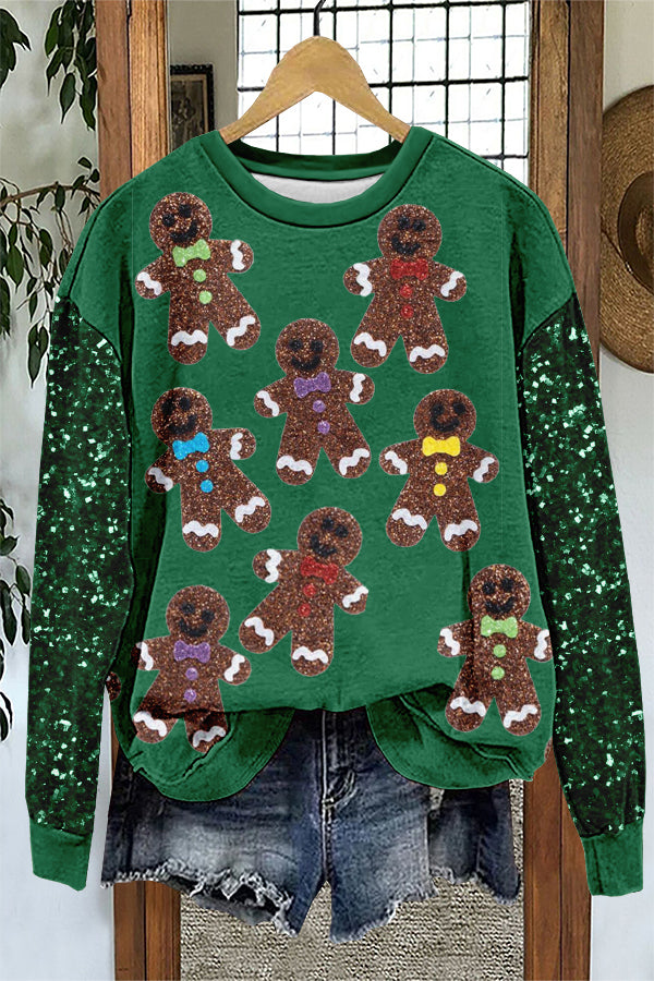Shiny Christmas Gingerbread Man Print Sweatshirt