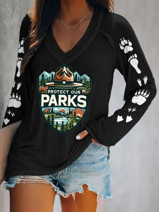 Women's Protect Our National Parks Print V Neck T-Shirt