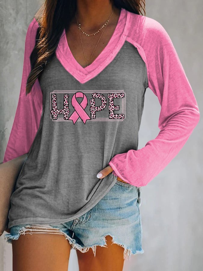 Women's Pink Breast Cancer Awareness Print Long Sleeve V-Neck T-Shirt