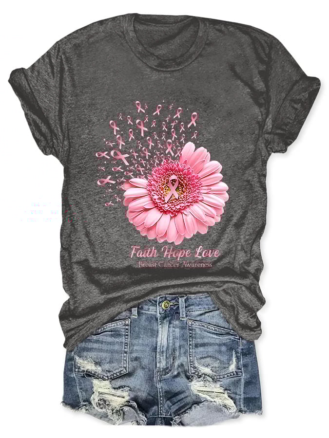 Breast Cancer Awareness Faith Hope Love Daisy Flower Ribbon Print T-Shirt