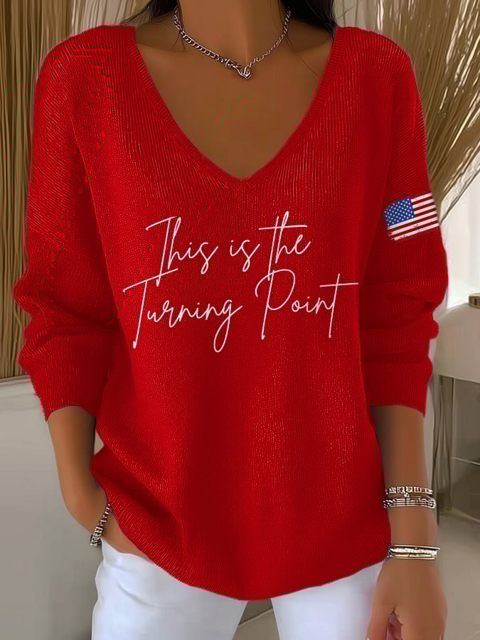 V-Neck Retro This Is The Turning Point Print Knitwear Tops