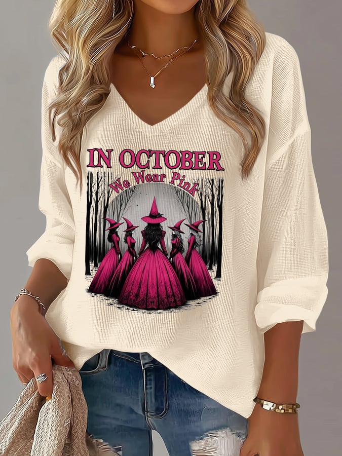 Women's Casual Pink Witch October We Wear Pink Waffle Long Sleeve T-shirt