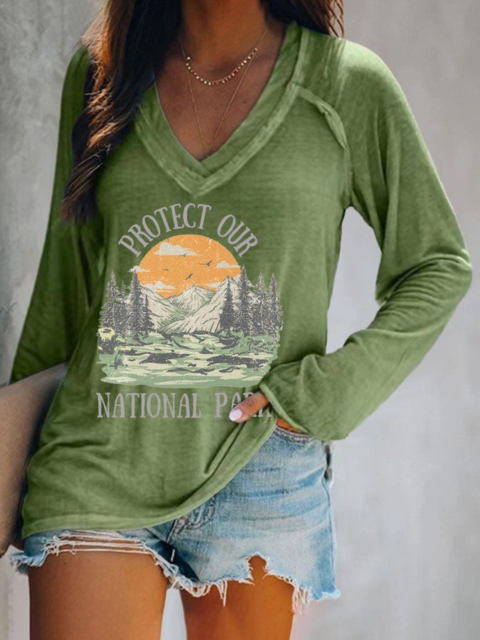 Women's Protect Our National Parks Print V Neck T-Shirt