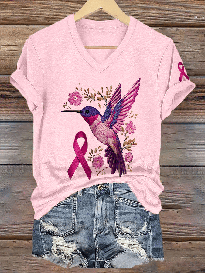 Women's Breast Cancer Awareness Hummingbird Print V-Neck T-Shirt