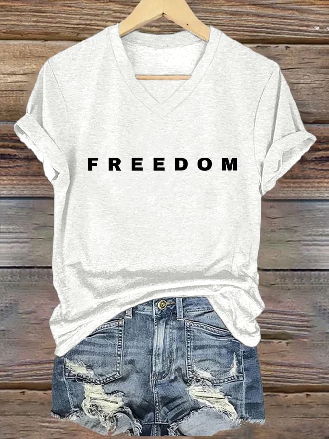 Women's Freedom Print V Neck T-shirt