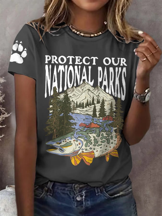 Women's Protect Our National Parks Print Round Neck T-Shirt