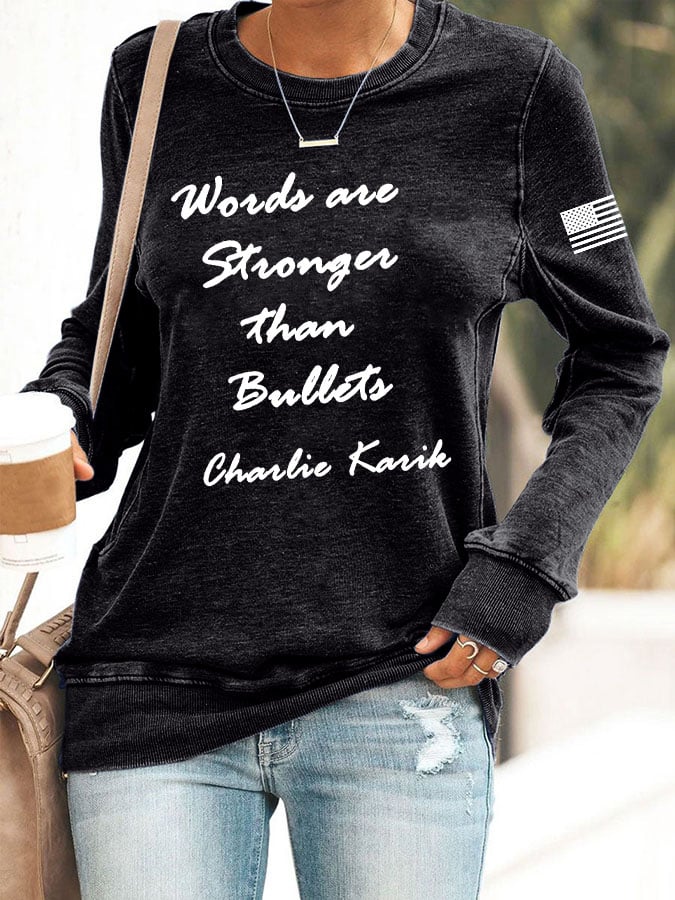 Women's Words Are Stronger Than Bullets Print Round Neck Sweatshirt