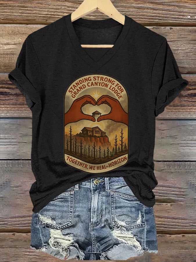 Women's Standing Strong For Grand Canyon Lodge Print V Neck T-shirt