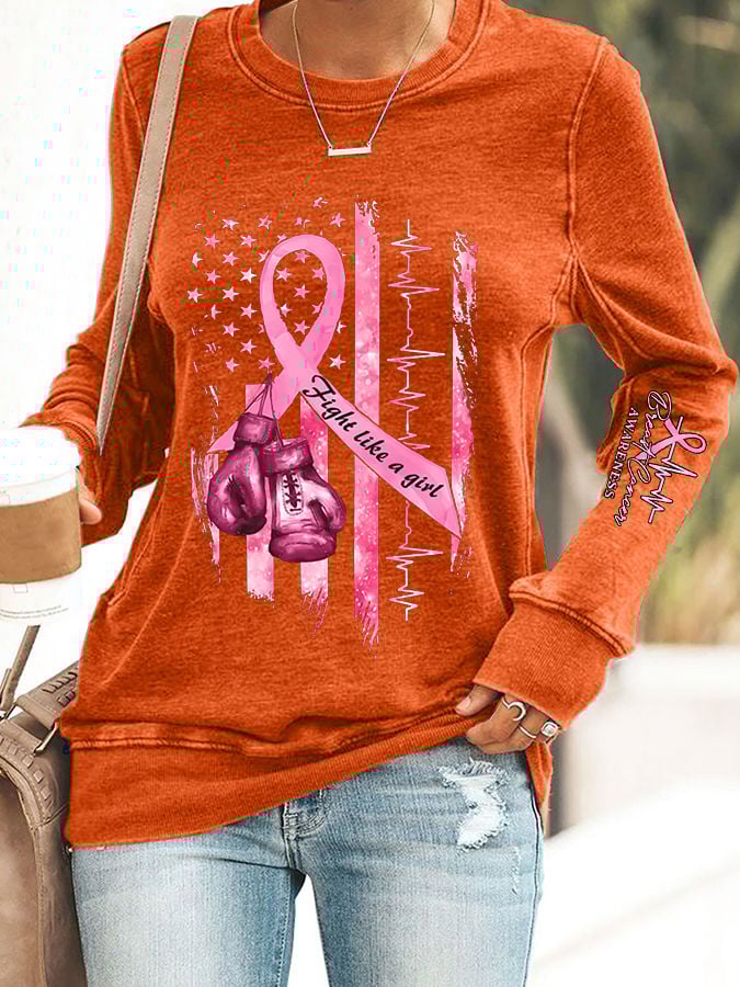 Women's Casual Breast Cancer Awareness Printed Long Sleeve Sweatshirt