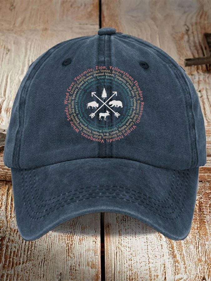 Unisex Distressed Washed Cotton Hot Spot 63 National Parks Explore, Protect, Preserve Printed Hat