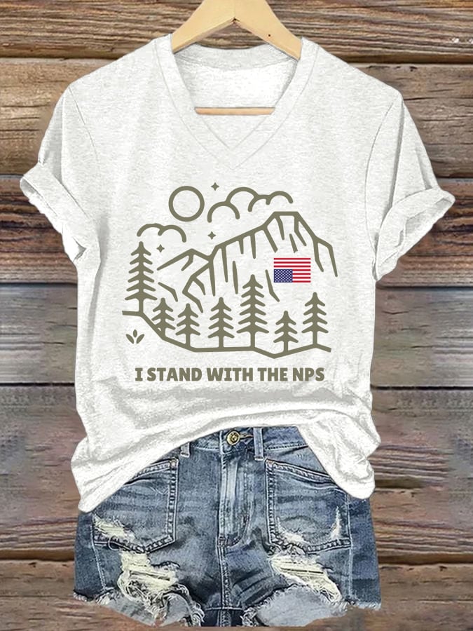 V-neck Retro I Stand With The NPS National Park Support Print T-Shirt