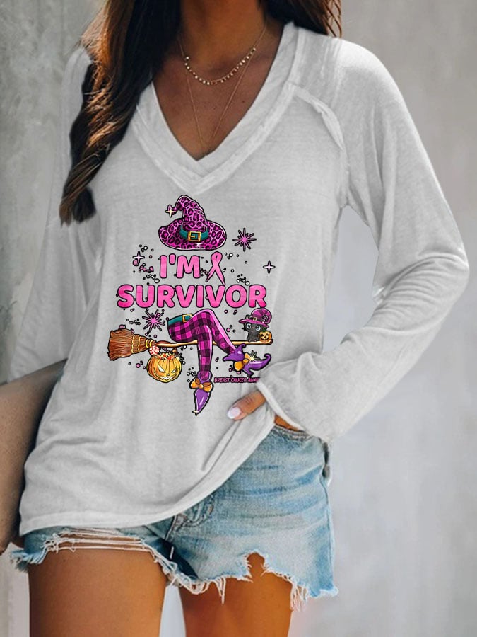 Breast Cancer Awareness I'M Survivor Halloween Witch Print T-Shirt