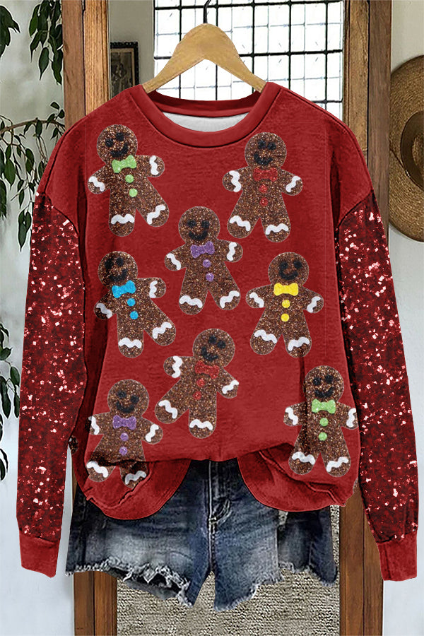 Shiny Christmas Gingerbread Man Print Sweatshirt