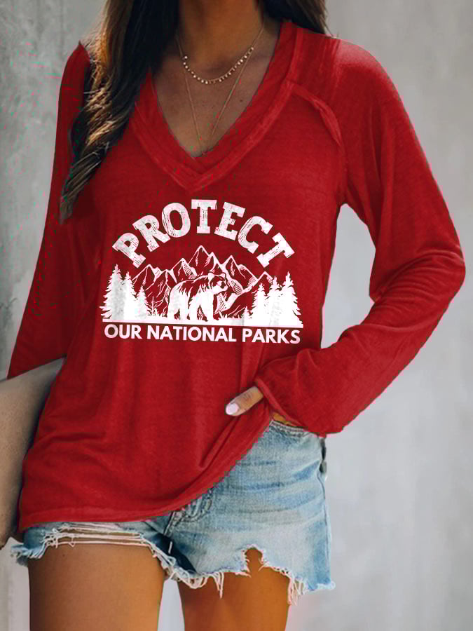 Women's Protect Our National Parks Print V Neck T-Shirt