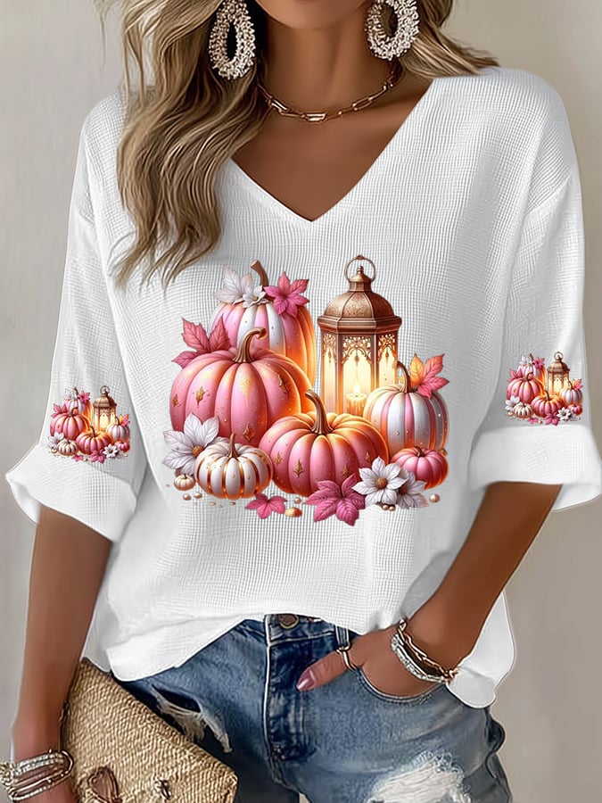 Women's Beat Breast Cancer Pink Pumpkin Print T-Shirt