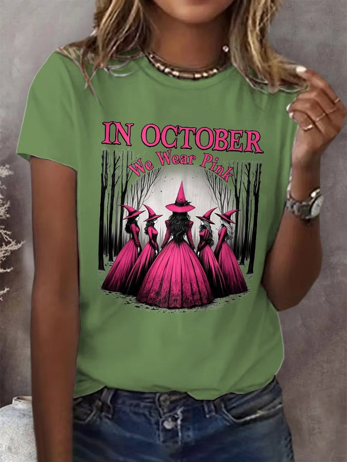 Women's Casual October We Wear Pink Witch Breast Cancer Art T-Shirt