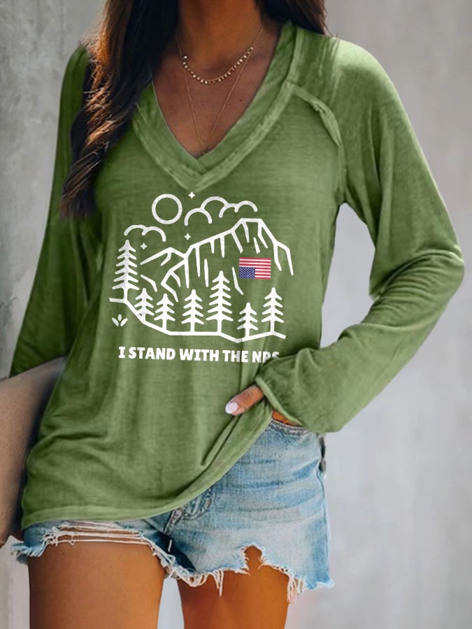 V-neck Retro I Stand With The NPS National Park Support Print T-Shirt