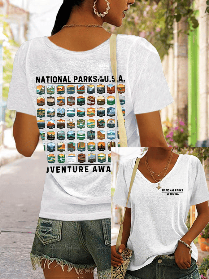 Women's National Parks Of The USA Printed V-Neck T-Shirt