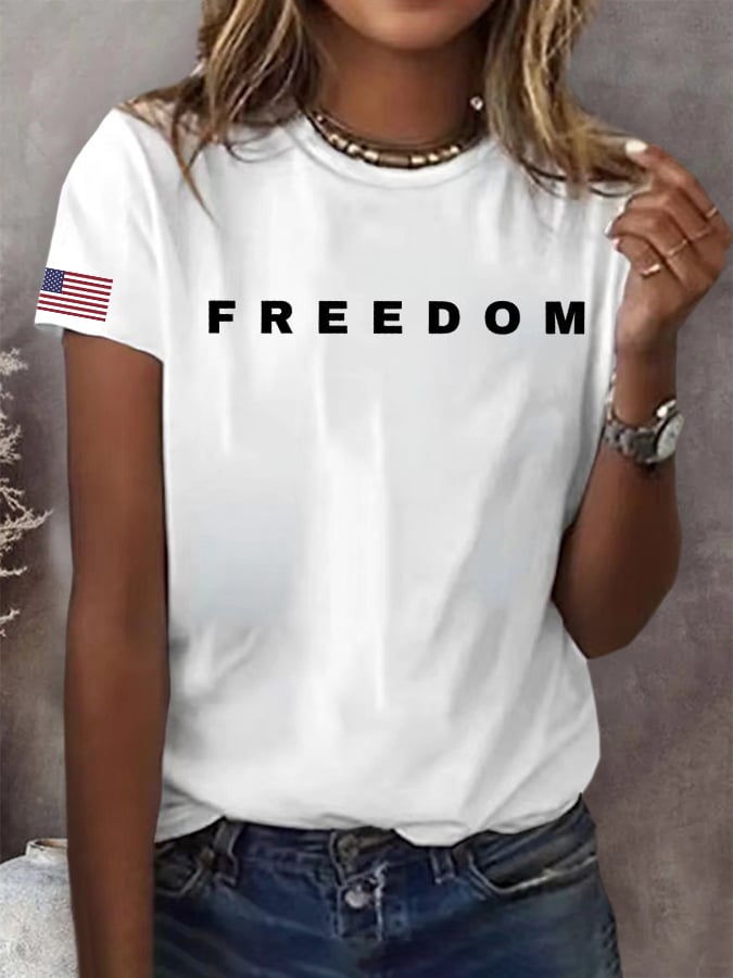 Women's Freedom American Flag Print Casual T-shirt