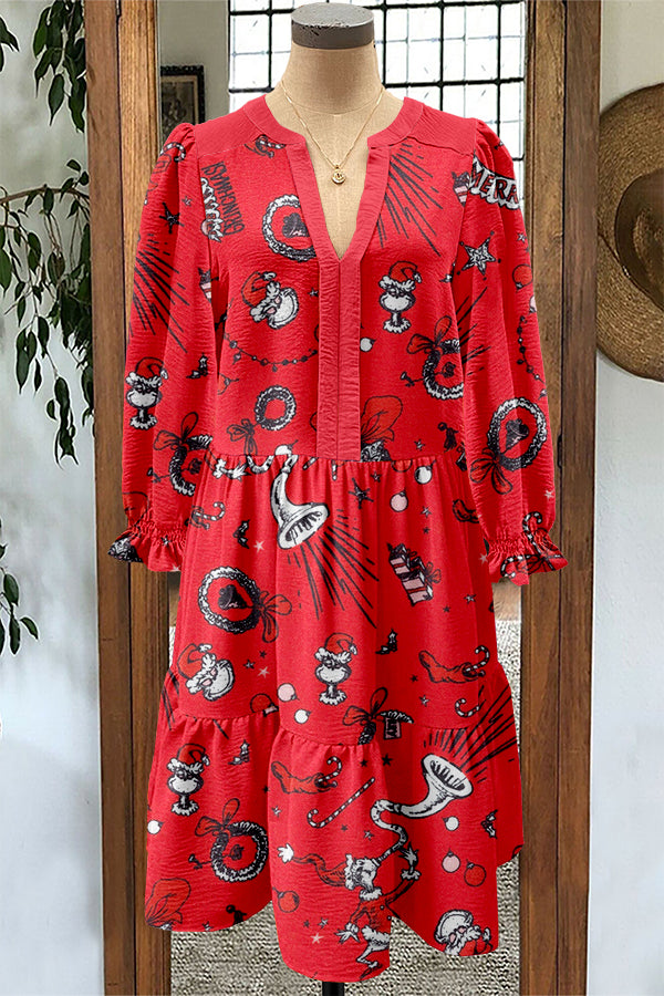 Ugly Christmas Grinch Print V-neck Puff Sleeve Dress