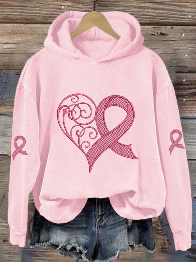 Women's Breast Cancer Awareness Heart Ribbon Print Sweatshirt