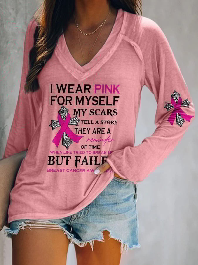 V-Neck Faith Breast Cancer Awareness I Wear Pink For Myself Long Sleeve T-Shirt