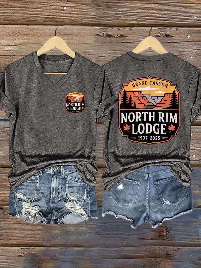 V-Neck Retro Grand Canyon Lodge North Rim Lodge 1937-2025 Print T-Shirt