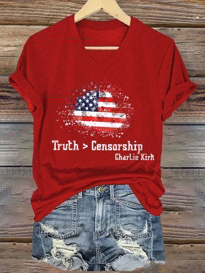 V-Neck Retro Truth > Censorship Print T-Shirt