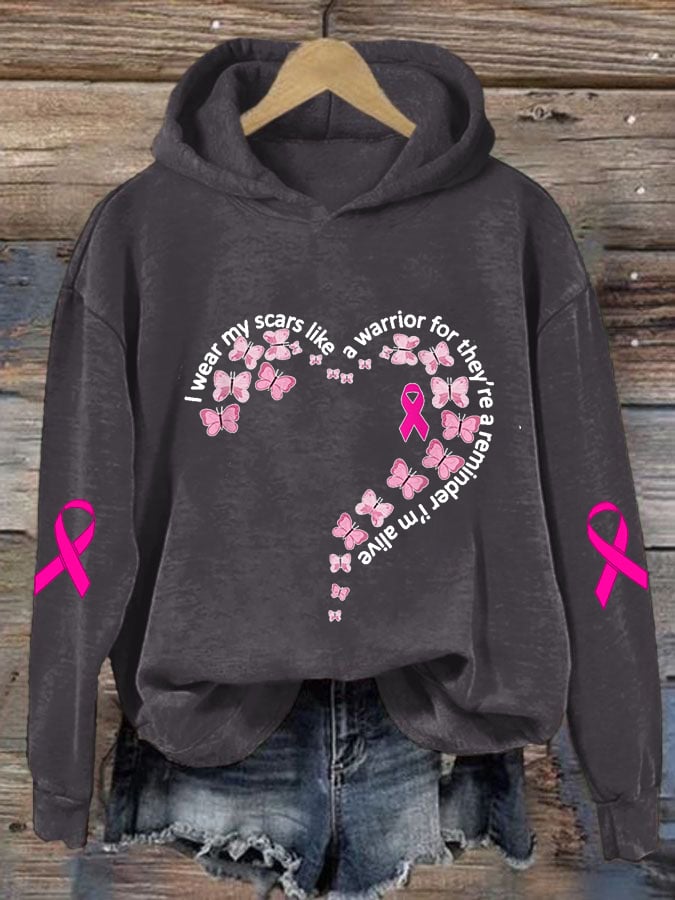 Women's I Wear My Scars Breast Cancer Awareness Print Casual Hoodie